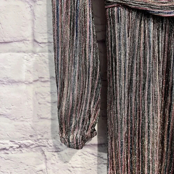 Julia Jordan Multi Colored Shimmery Stripe Metallic Long Sleeve Faux Wrap Dress - Picture 6 of 15